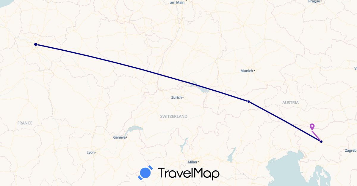TravelMap itinerary: driving, train in Austria, France, Slovenia (Europe)